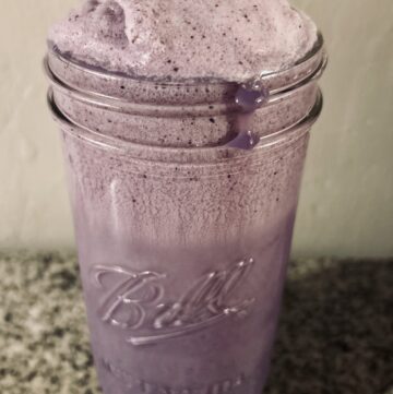 Jar of Wild Blueberry Milk Kefir on granite counter top
