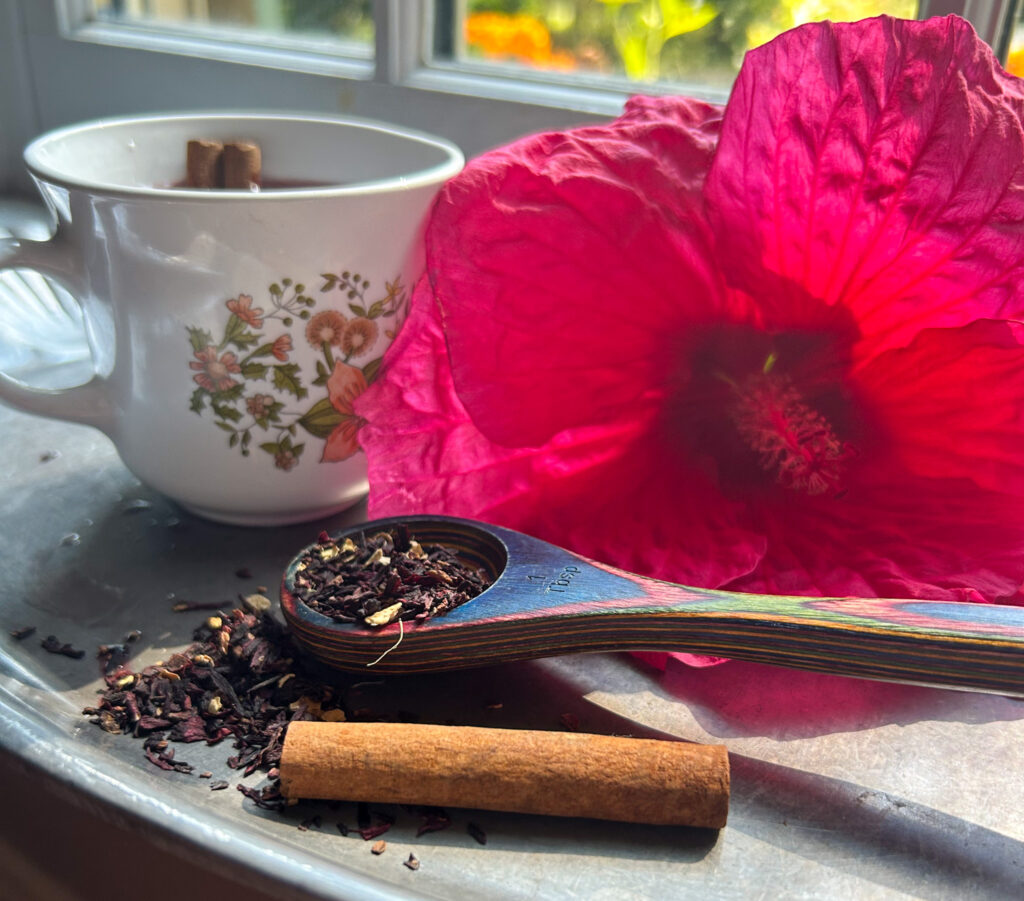 Silver tray with white floral tea mug, a fresh hibiscus flower, a scoop of loose tea and a cinnamon stick.